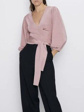 ZARA Tied Balloon Sleeve Pink Blouse